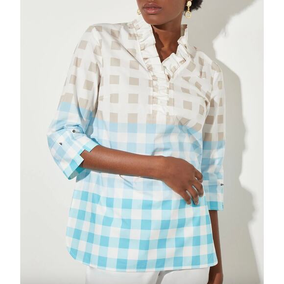 Ming Wang Gingham Ruffle Collar Top Blouse Relaxed Cotton Blue Popover XXS NWT - Picture 2 of 12